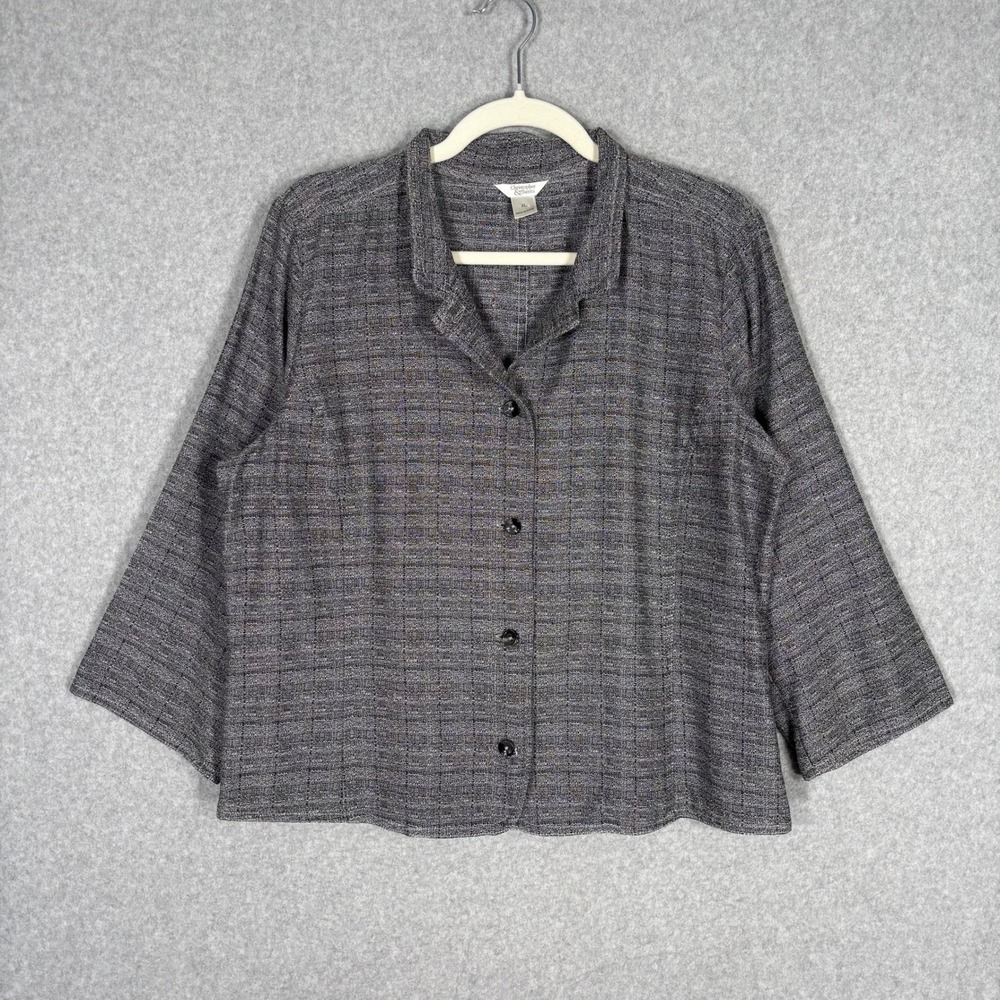 Christopher Banks Textured Shirt Blazer XL Gray Plaid Blouse Knit Button Up